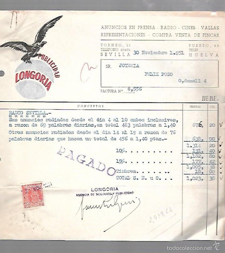 Alte Rechnungen: FACTURA. PUBLICIDAD LONGORIA. ANUNCIOS. SEVILLA. 1951