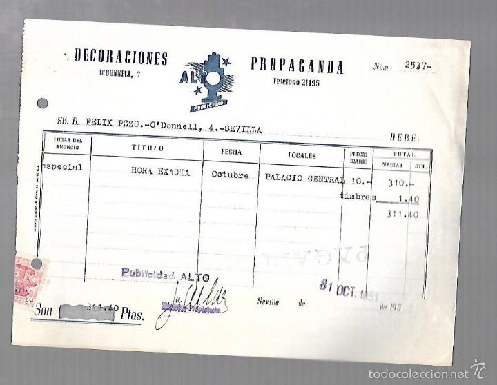 Alte Rechnungen: FACTURA. PUBLICIDAD ALTO. PROPAGANDA, PUBLICIDAD, DECORACIONES. SEVILLA. 1951.