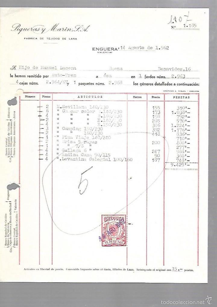 Old Invoices: FACTURA. PIQUERAS Y MARIN S.A. TEJIDOS DE LANA. ENGUERA, VALENCIA. 1962