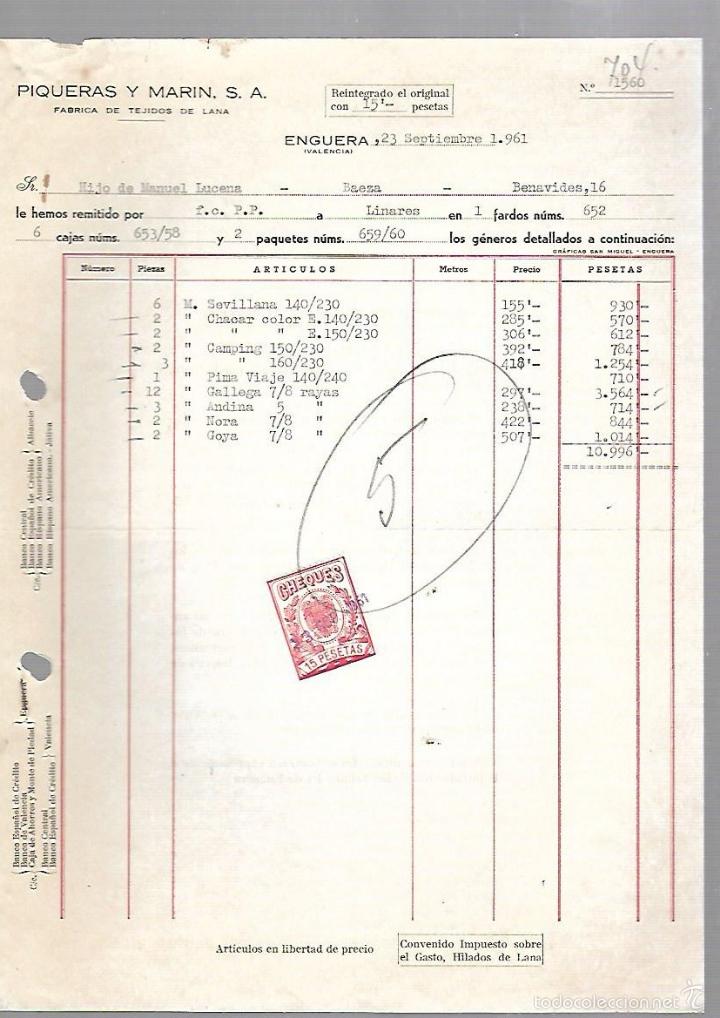 Old Invoices: FACTURA. PIQUERAS Y MARIN S.A. TEJIDOS DE LANA. ENGUERA, VALENCIA. 1961