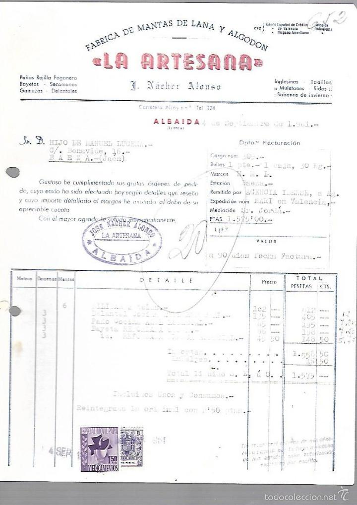 Old Invoices: FACTURA. LA ARTESANA. FABRICA DE MANTAS DE LANA Y ALGODON. NACHER Y ALONSO. ALBAIDA, VALENCIA. 1961