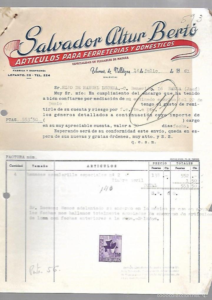 Old Invoices: FACTURA. SALVADOR ALTUR BERTO. ARTICULOS PARA FERRETERIAS Y DOMESTICOS. TABERNES DE VALLDIGNA. 1961
