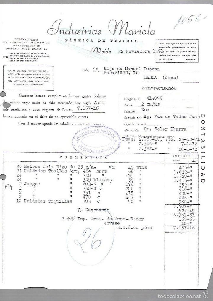 Old Invoices: FACTURA. INDUSTRIAS MARIOLA. FABRICA DE TEJIDOS. BAEZA, JAEN. 1972