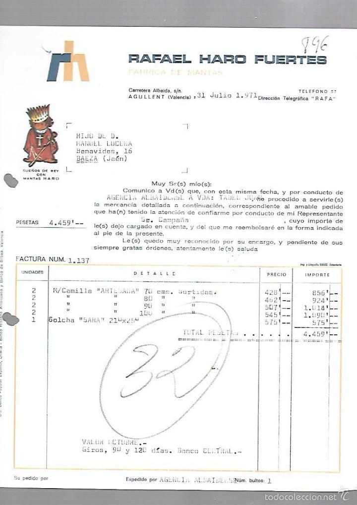 Old Invoices: FACTURA. RAFAEL HARO FUERTES. FABRICA DE MANTAS. AGULLENT, VALENCIA. 1971