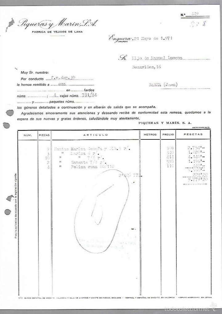 Old Invoices: FACTURA. PIQUERAS Y MARIN S.A. TEJIDOS DE LANA. ENGUERA, VALENCIA. 1971
