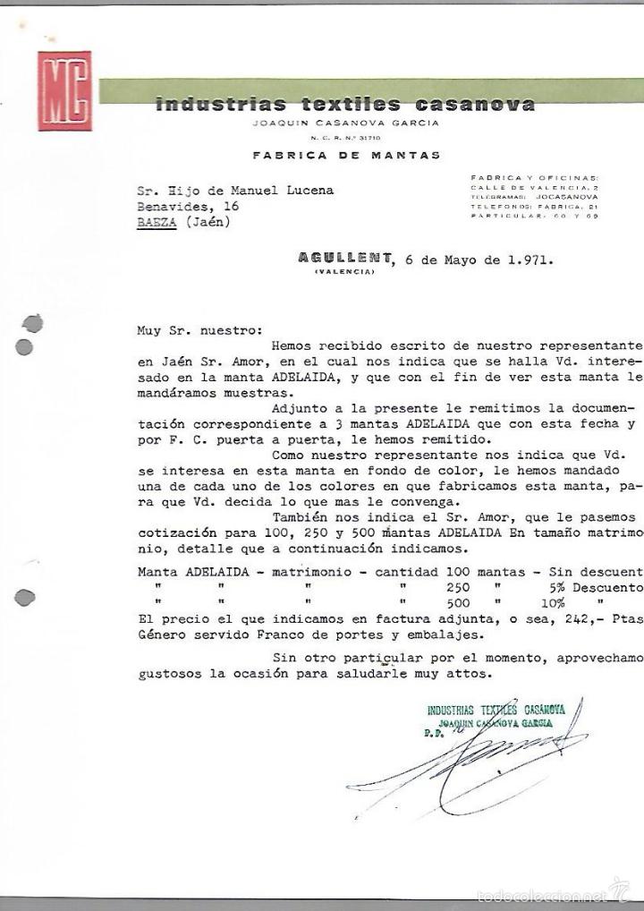Old Invoices: FACTURA. INDUSTRIAS TEXTILES CASANOVA. FABRICA DE MANTAS. AGULLENT, VALENCIA. 1971