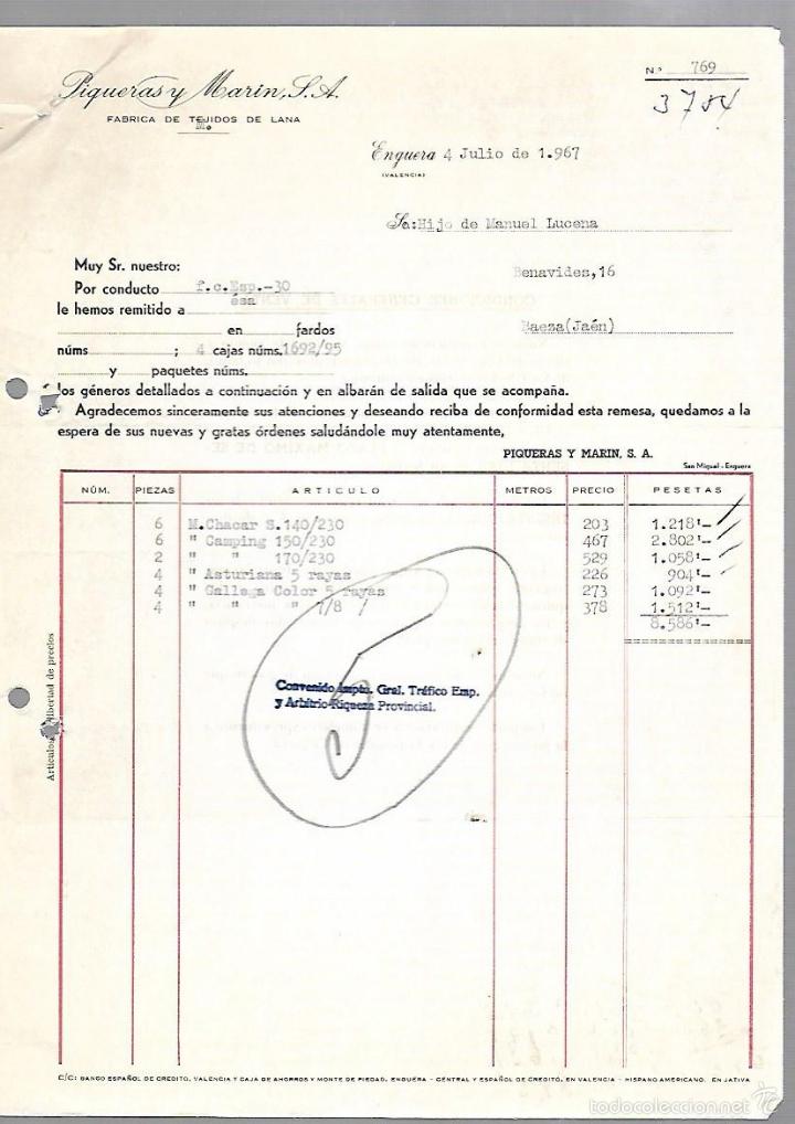 Old Invoices: FACTURA. PIQUERAS Y MARIN S.A. TEJIDOS DE LANA. ENGUERA, VALENCIA. 1967