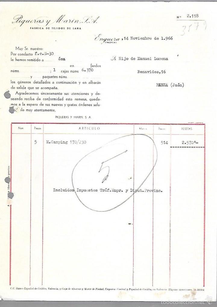Old Invoices: FACTURA. PIQUERAS Y MARIN S.A. TEJIDOS DE LANA. ENGUERA, VALENCIA. 1966