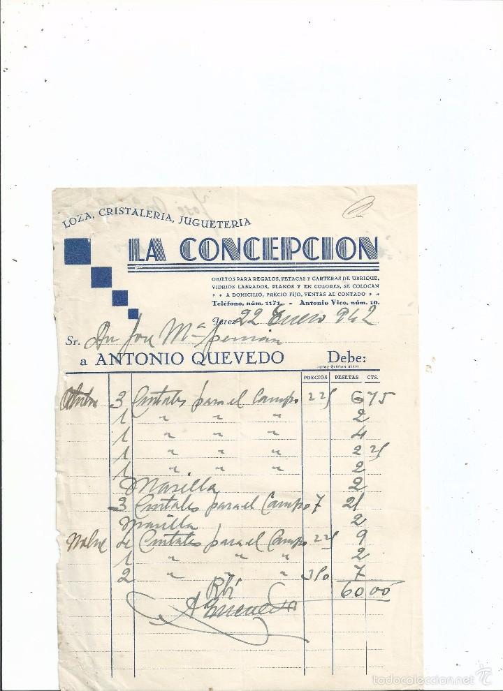 Facturas antiguas: FACTURA JOSE MAR&Iacute;A PEM&Aacute;N - 1942 - LOZA CRISTALER&Iacute;A JUGUETER&Iacute;A LA CONCEPCI&Oacute;N JEREZ CADIZ