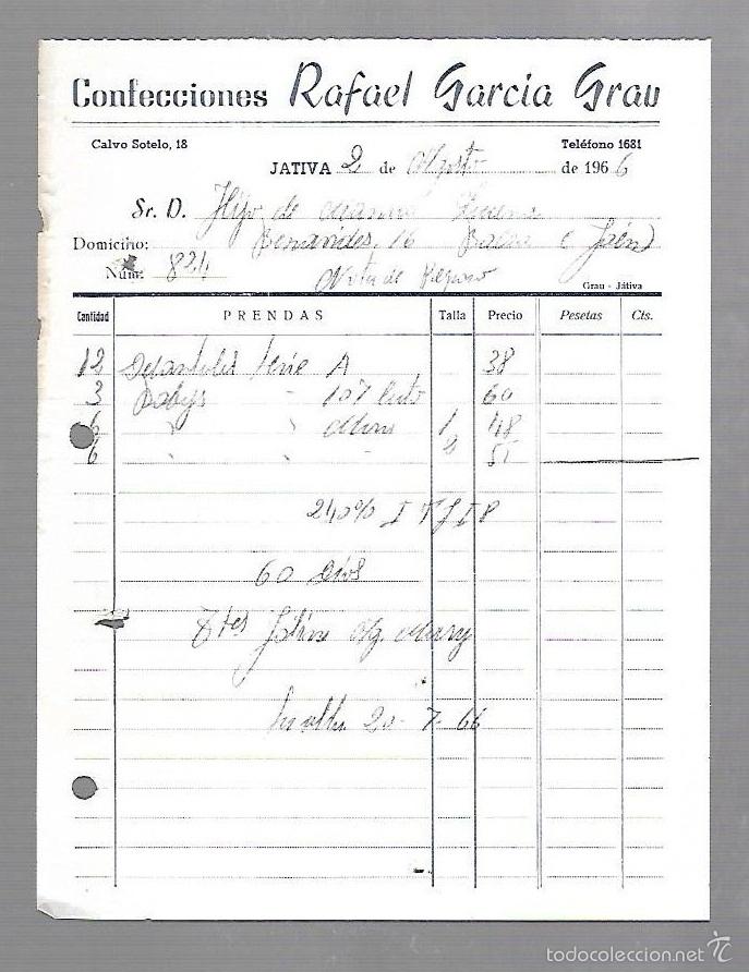 Old Invoices: FACTURA. CONFECCIONES. RAFAEL GARCIA GRAU. JATIVA, VALENCIA. 1966