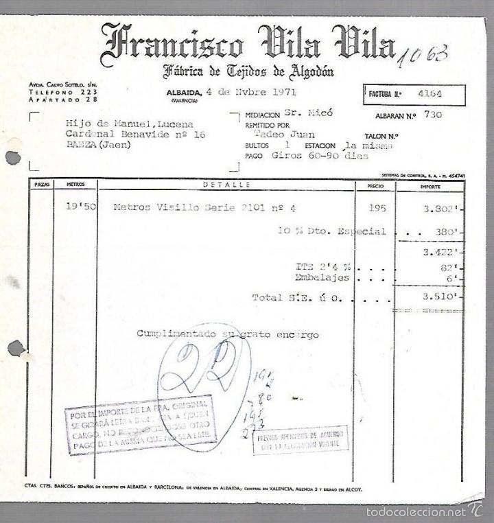 Old Invoices: FACTURA. FRANCISCO VILA VILA. TEJIDOS DE ALGODON. LABAIDA, VALENCIA. 1971