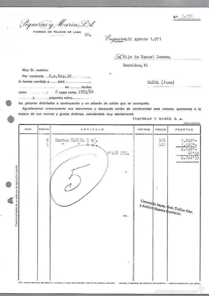 Old Invoices: FACTURA. PIQUERAS Y MARIN S.A. TEJIDOS DE LANA. ENGUERA, VALENCIA. 1971