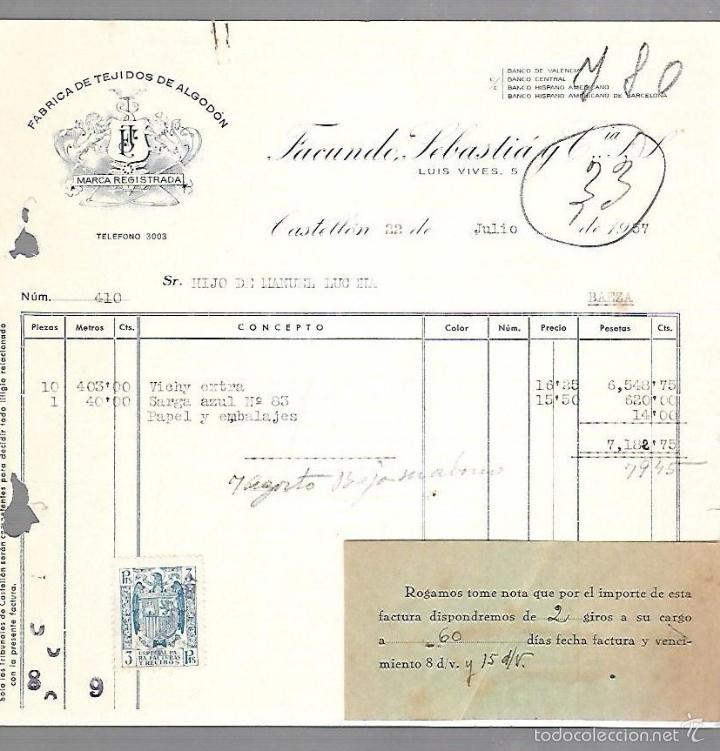 Old Invoices: FACTURA. FACUNDO, SEBASTIA Y CIA. TEJIDOS DE ALGODON. CASTELLON. 1957