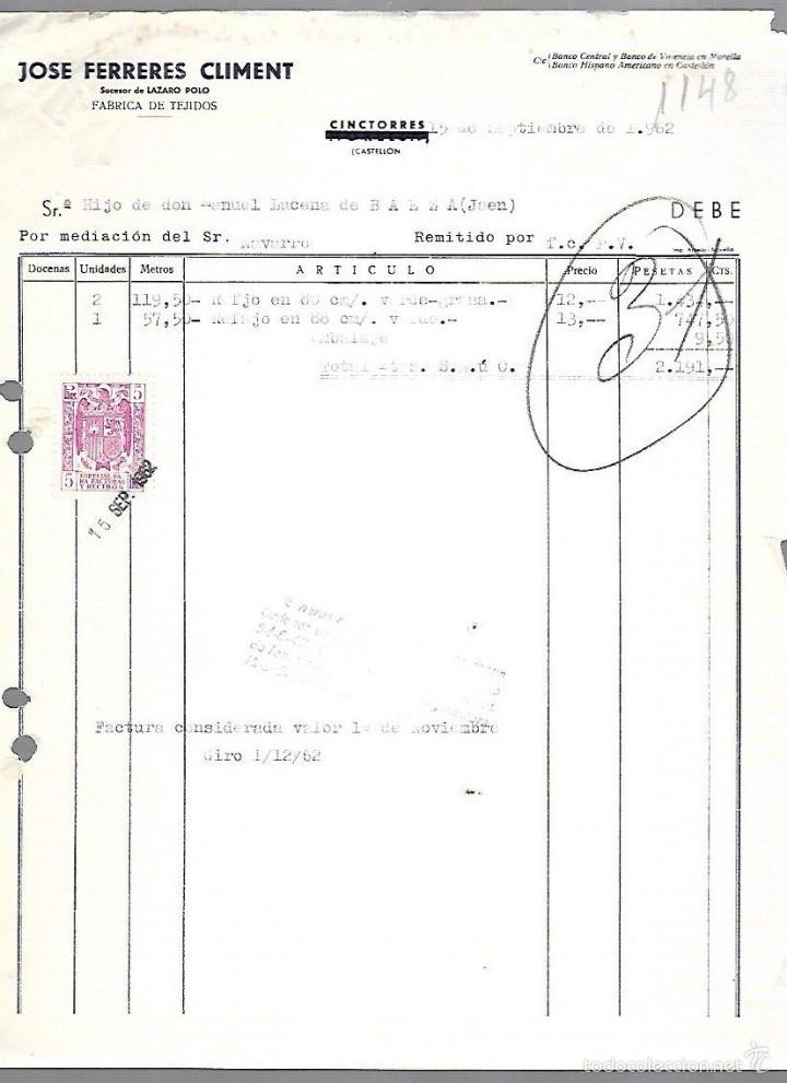 Old Invoices: FACTURA. JOSE FERRERES CLIMENT. FABRICA DE TEJIDOS. CONCTORRES, CASTELLON. 1962