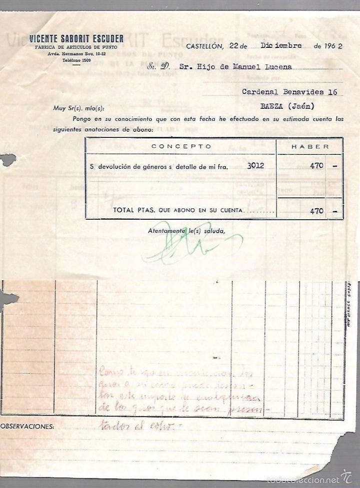 Old Invoices: FACTURA. VICENTE SABORIT ESCUDER. ARTICULOS DE PUNTO. 1962