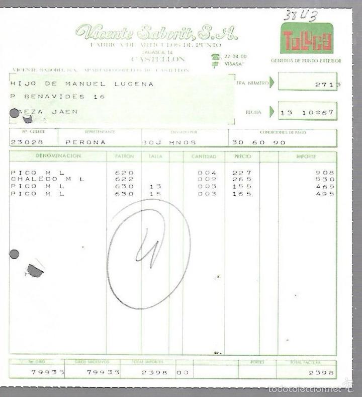 Old Invoices: FACTURAS. VICENTE SABORITS S.A. ARTICULOS DE PUNTO. CASTELLON. 1967