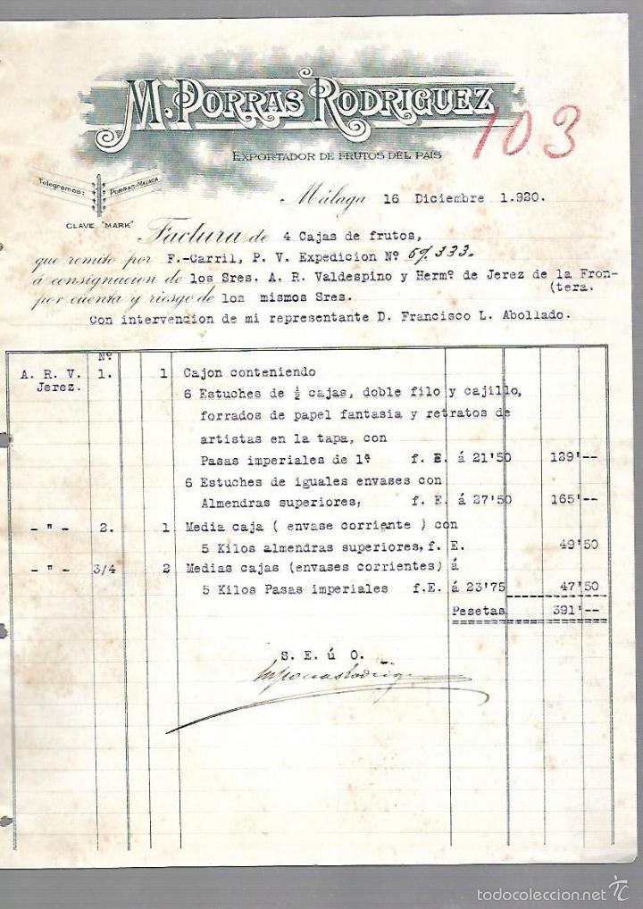 Alte Rechnungen: FACTURA. M.PORRAS RODRIGUEZ. FRUTOS DEL PAIS. MALAGA. 1920