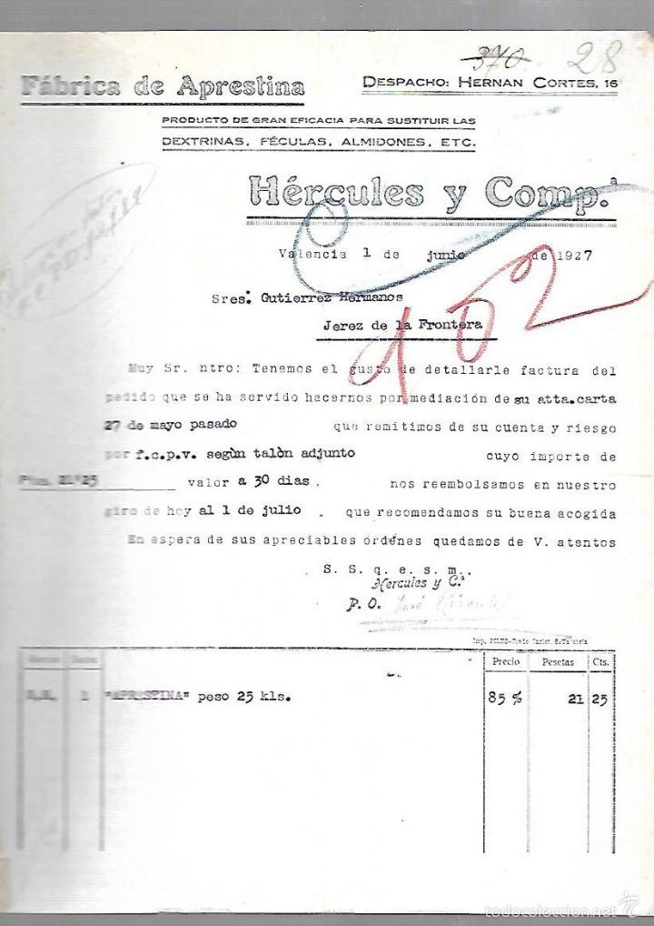 Alte Rechnungen: FACTURA. HERCULES Y COMP. FABRICA DE APRESTINA. VALENCIA. 1927