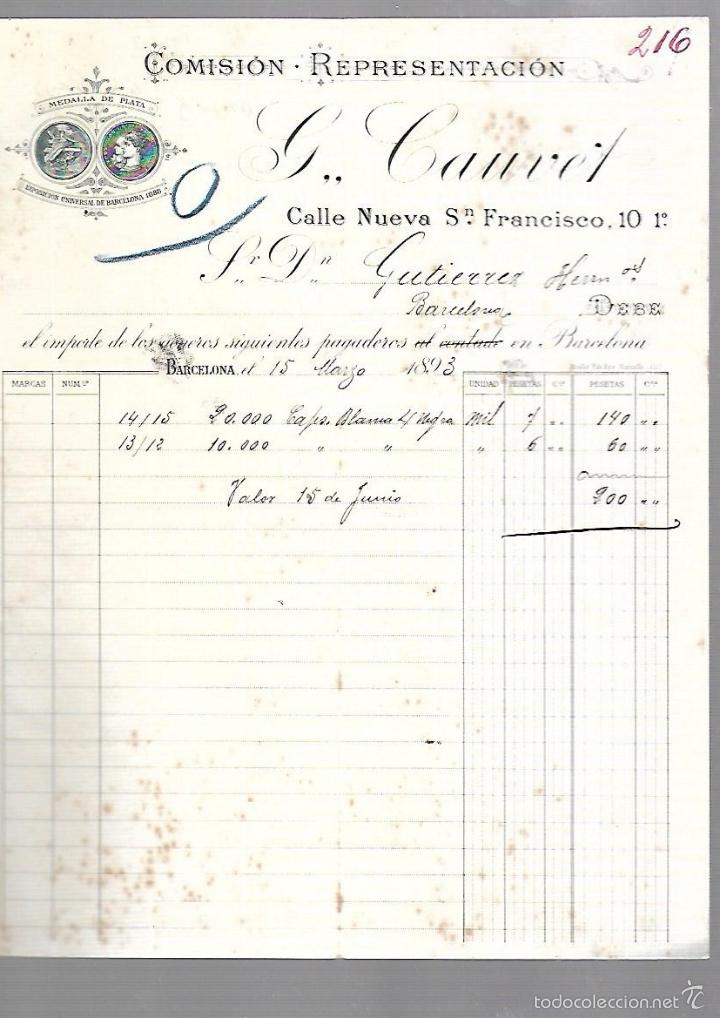 Old Invoices: FACTURA. COMISION G.CAUVET. BARCELONA. 1893