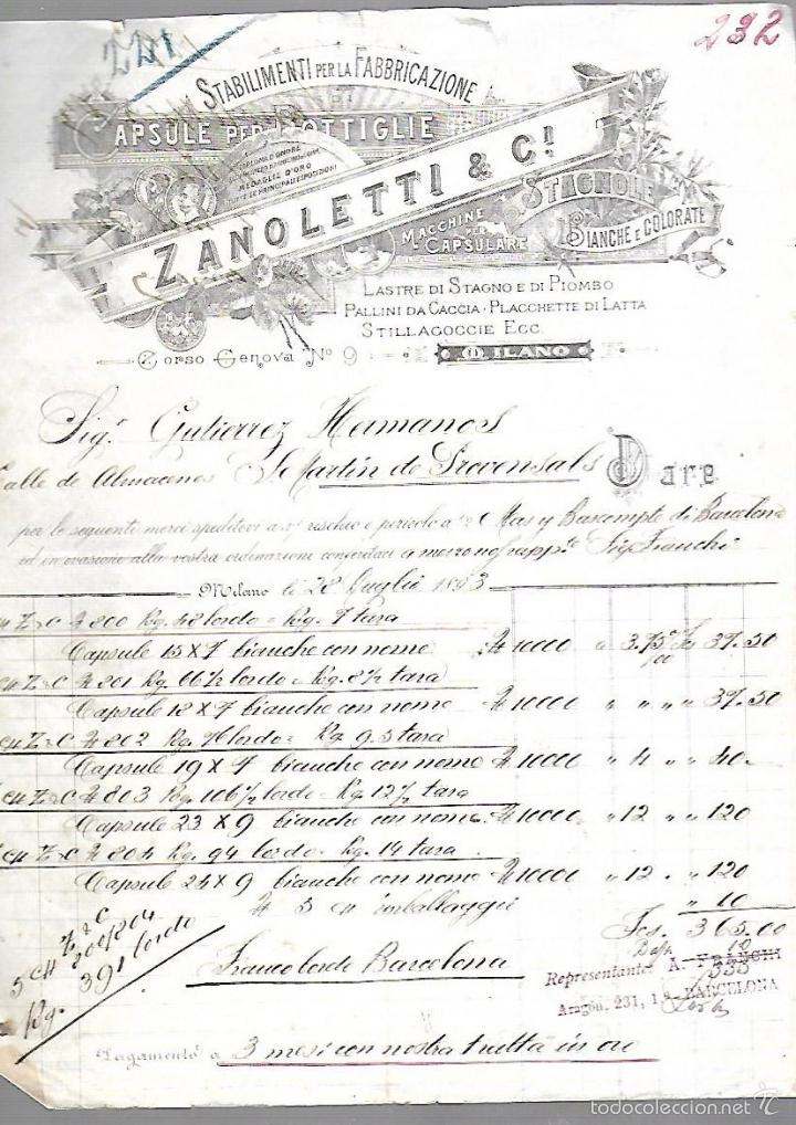 Old Invoices: FACTURA. ZANOLETTI & CIA. MILAN, 1893