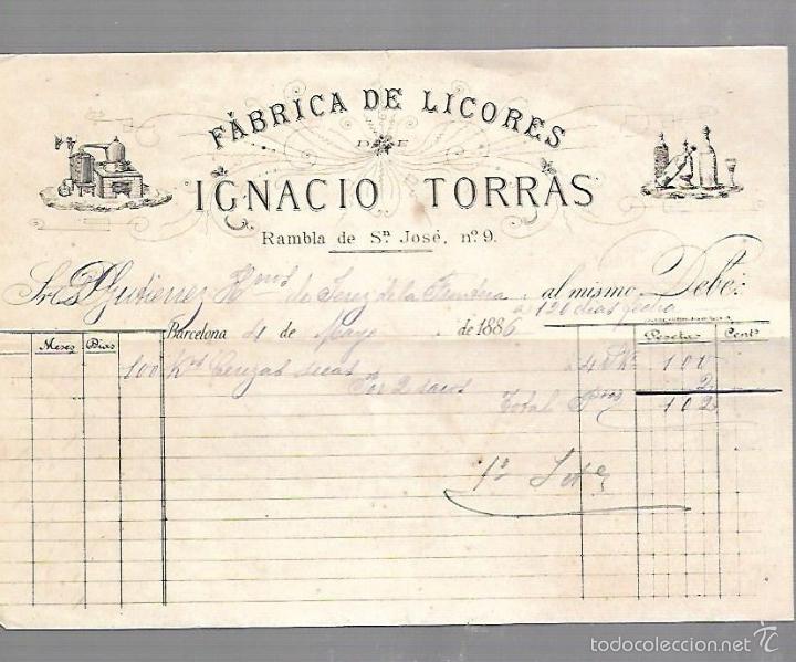 Old Invoices: FACTURA. FABRICA DE LICORES DE IGNACIO TORRAS. BARCELONA. 1886