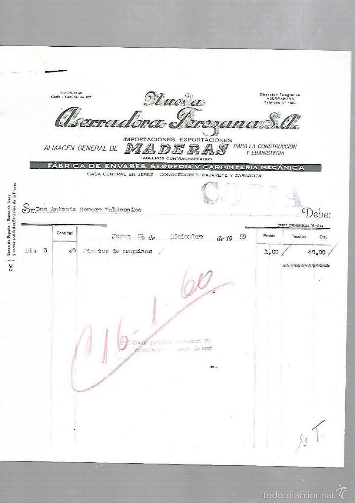 Old Invoices: FACTURA. NUEVA ASERRADORA JEREZANA. MADERAS. 1959