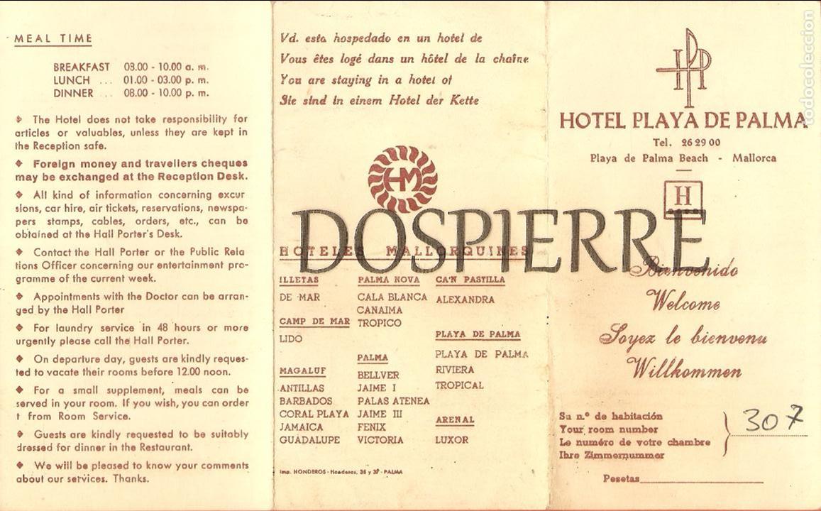 Facturas antiguas: TR&Iacute;PTICO-TARJETA, HOTEL PLAYA DE PALMA, MALLORCA - Foto 1