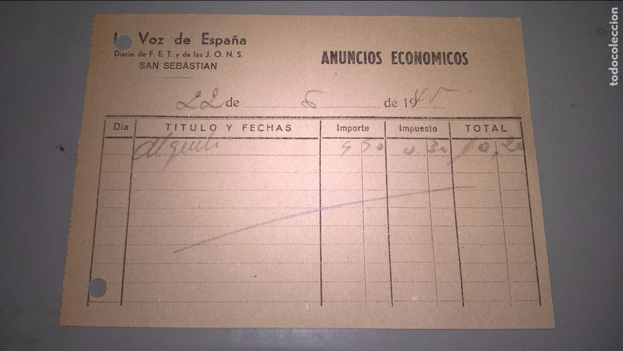 Facturas antiguas: San Sebasti&aacute;n. Peri&oacute;dico La Voz de Espa&ntilde;a. Anuncios econ&oacute;micos. 1945