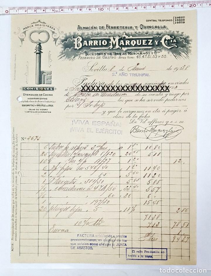 Facturas antiguas: Factura de compra a Barrio Marquez y Cia. 1938 - Foto 1
