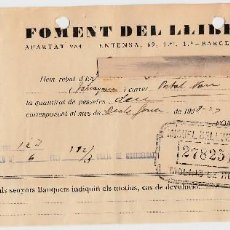 Faturas antigas: RECIBO COMERCIAL DE FOMENT DEL LLIBRE CATALÀ -BARCELONA - 1928. Lote 67727661