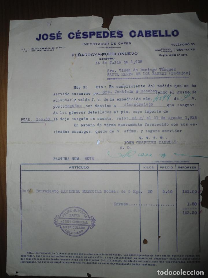 Faturas antigas: ANTIGUA FACTURA JOSE CESPEDES CABELLO - IMPORTADOR CAFES - PE&Ntilde;ARROYA PUEBLONUEVO CORDOBA 1928