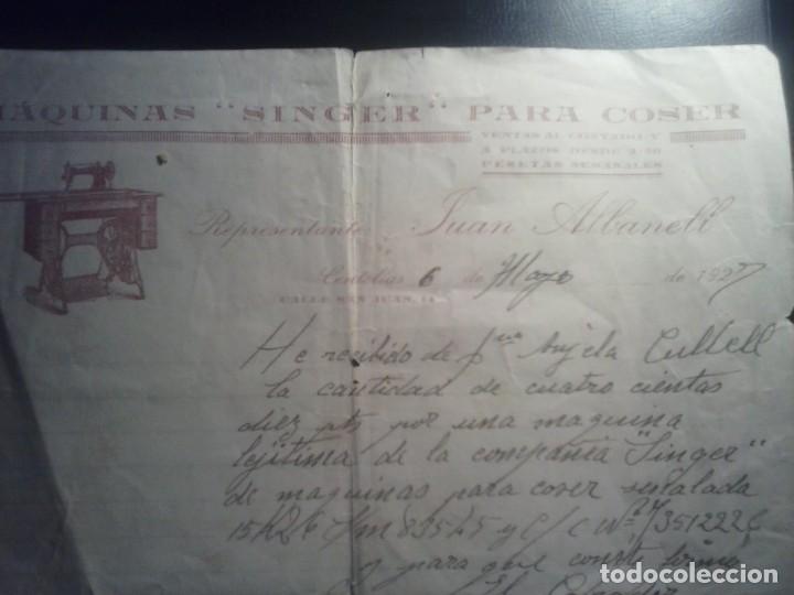 Facturas antiguas: MAQUINAS DE COSER SINGER - CENTELLES, 1927. - Foto 5
