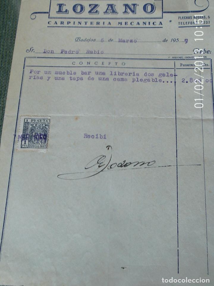 Faturas antigas: ANTIGUA FACTURA CARPINTERIA MECANICA LOZANO - BADAJOZ 1959