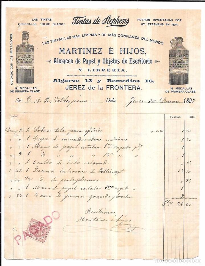 Fatture antiche: FACTURA. TINTAS DE STEPHENS. MARTINEZ &Eacute; HIJOS. JEREZ. 1897.