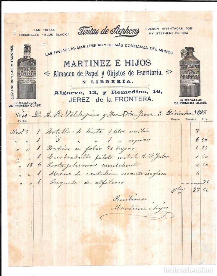 Fatture antiche: FACTURA. TINTAS DE STEPHENS. MARTINEZ &Eacute; HIJOS. JEREZ. 1898