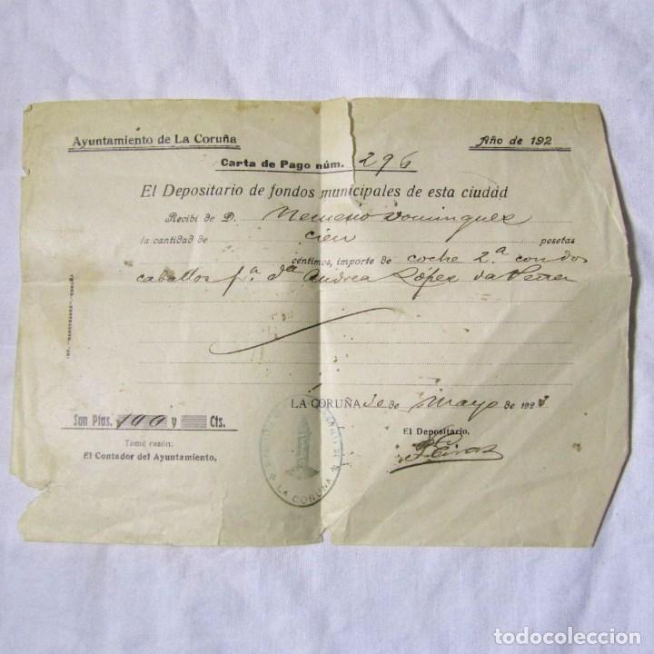 Facturas antiguas: Carta de pago 1923 coche de 2&ordf; con dos caballos, Ayuntamiento de La Coru&ntilde;a