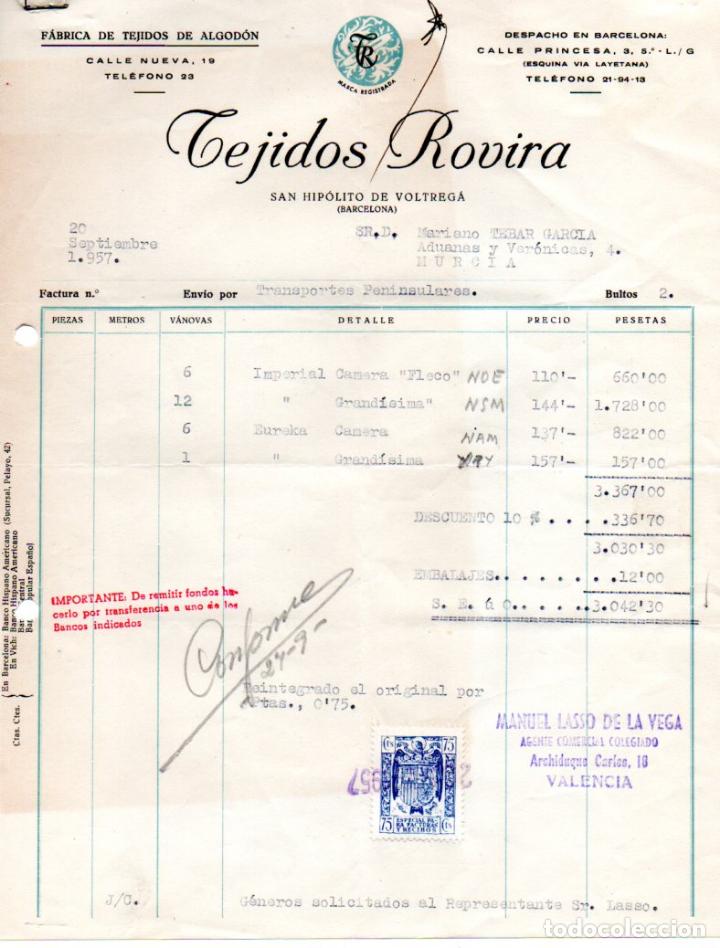 Old Invoices: FACTURA, FABRICA DE TEJIDOS DE ALGODON ,TEJIDOS ROVIRA,BARCELONA ,1957.