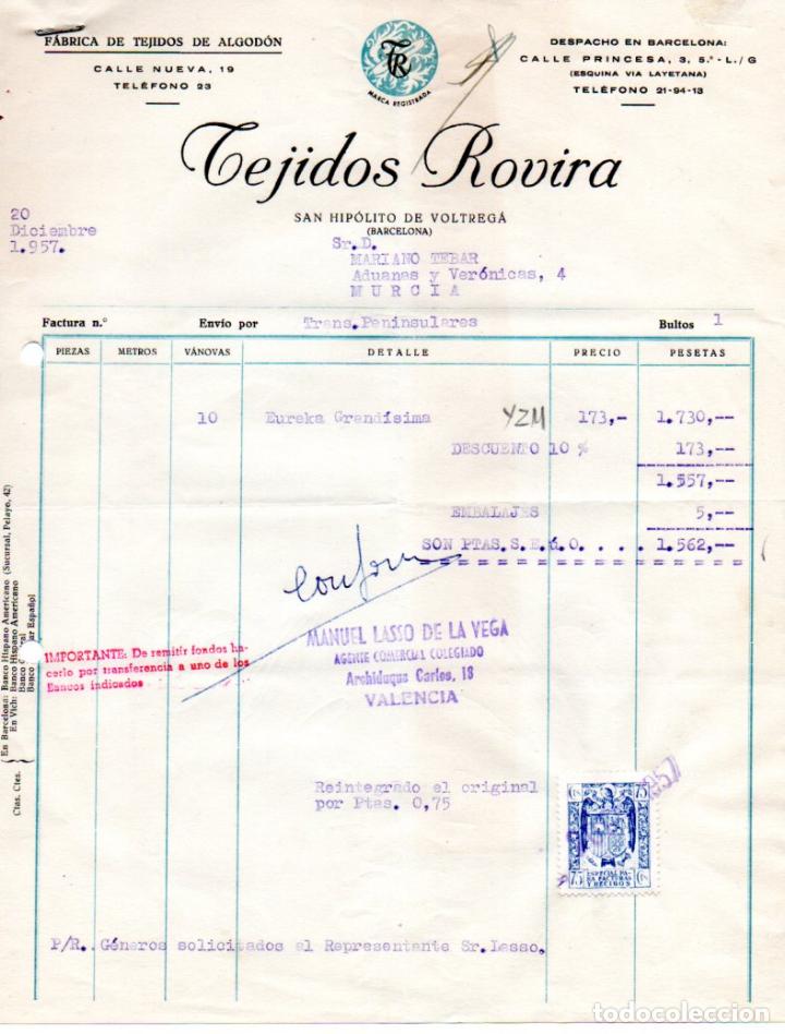 Old Invoices: FACTURA, FABRICA DE TEJIDOS DE ALGODON ,TEJIDOS ROVIRA,BARCELONA ,1957.