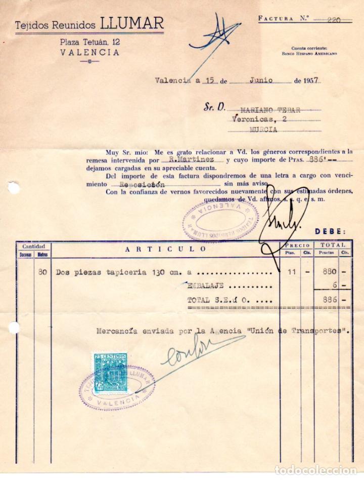 Old Invoices: FACTURA,TEJIDOS REUNIDOS LLUMAR, VALENCIA, 1957.