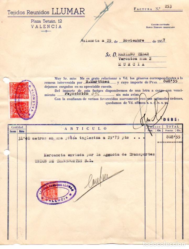 Old Invoices: FACTURA,TEJIDOS REUNIDOS LLUMAR, VALENCIA, 1957.