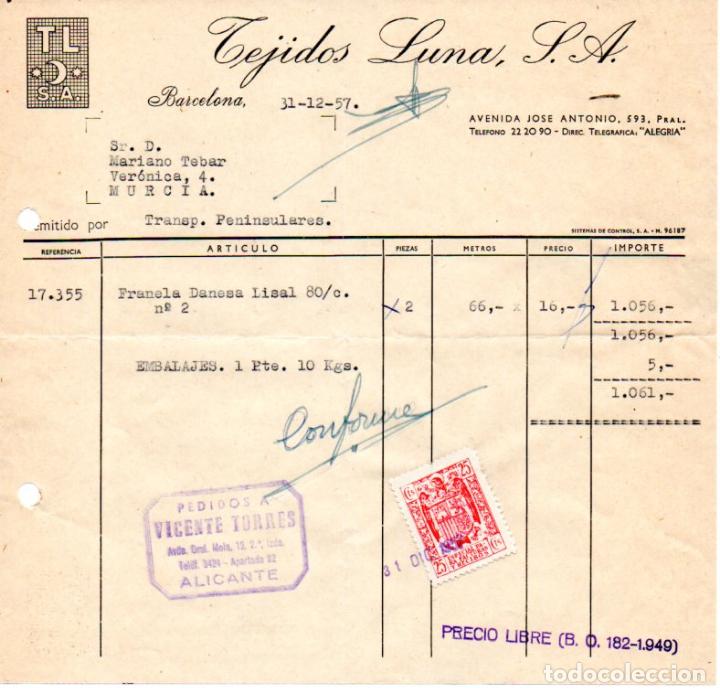 Old Invoices: FACTURA,TEJIDOS LUNA ,S.A. BARCELONA ,1957.