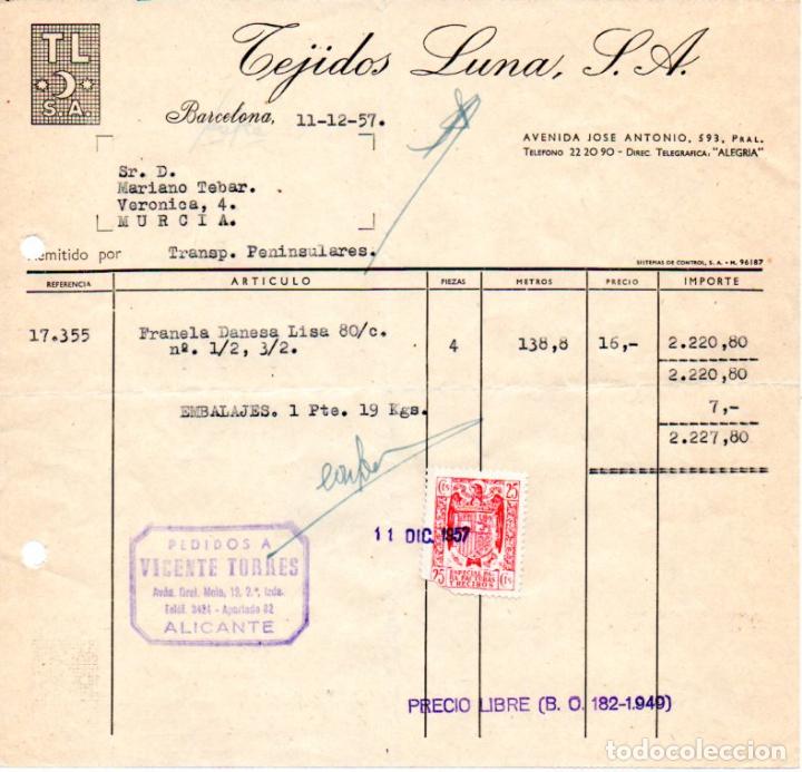 Old Invoices: FACTURA,TEJIDOS LUNA ,S.A. BARCELONA ,1957.