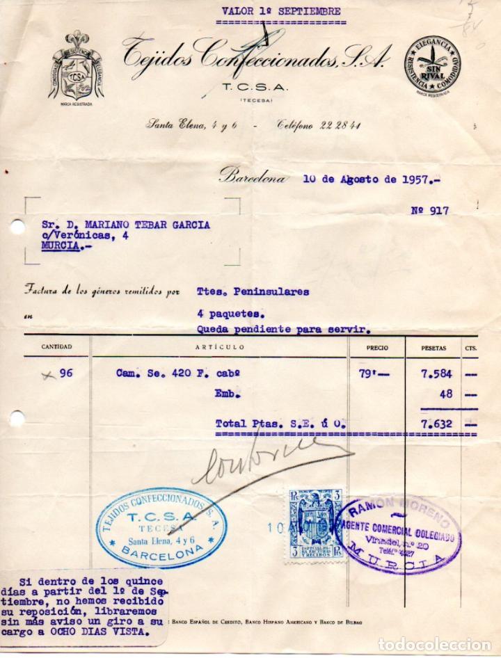 Old Invoices: FACTURA,TEJIDOS CONFECCIONADOS , S.A. BARCELONA, 1957.