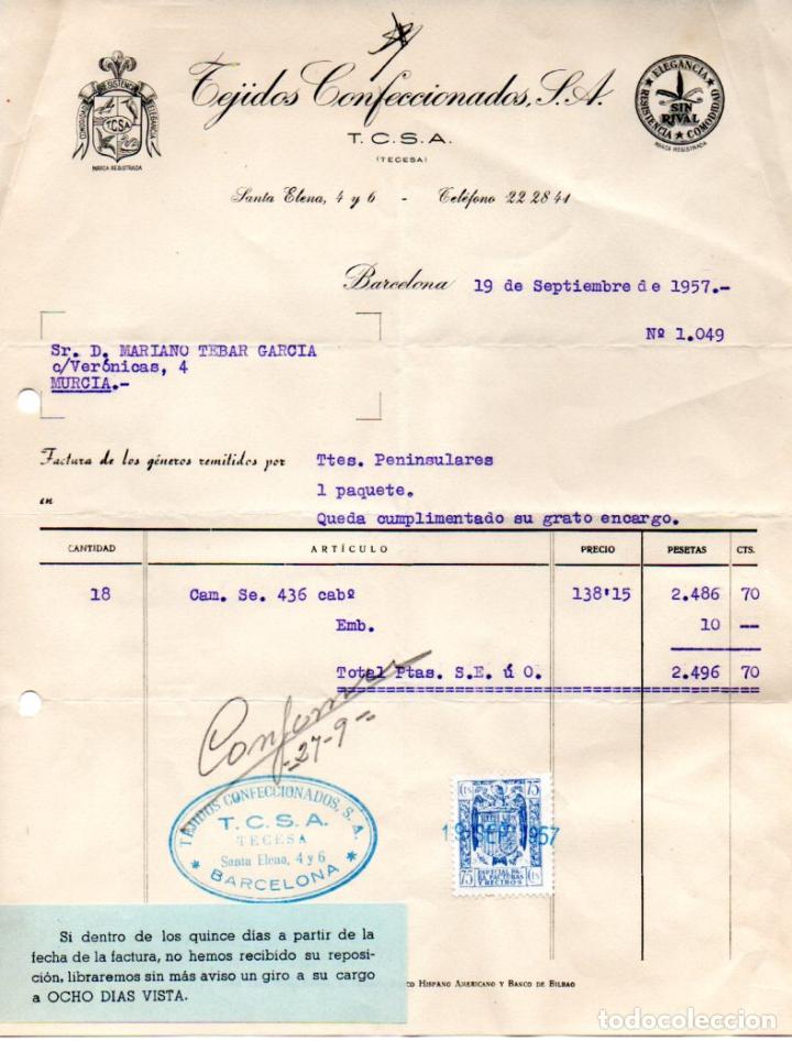 Old Invoices: FACTURA,TEJIDOS CONFECCIONADOS , S.A. BARCELONA, 1957.