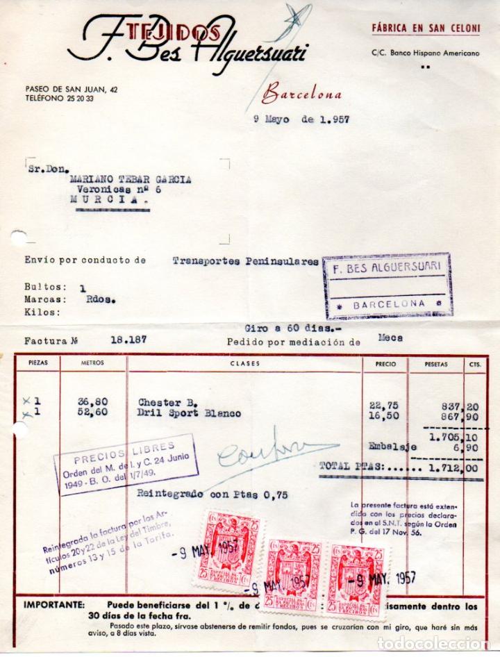 Old Invoices: FACTURA,TEJIDOS F. BES ALGUERSUARI, BARCELONA ,1957.