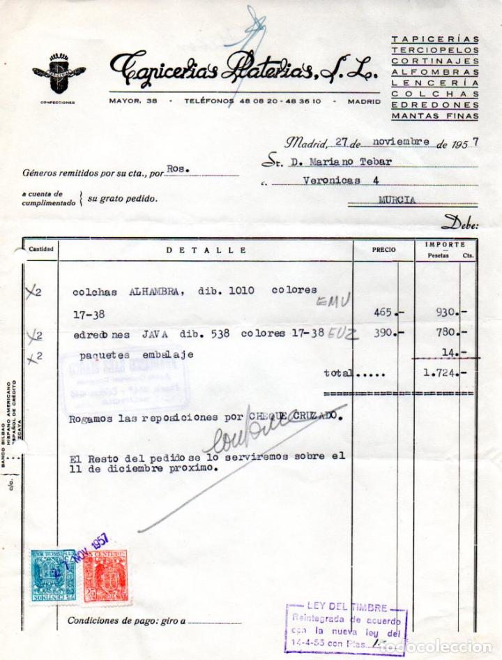Old Invoices: FACTURA,TAPICERIAS PLATERIAS ,S.L, MADRID, 1957.
