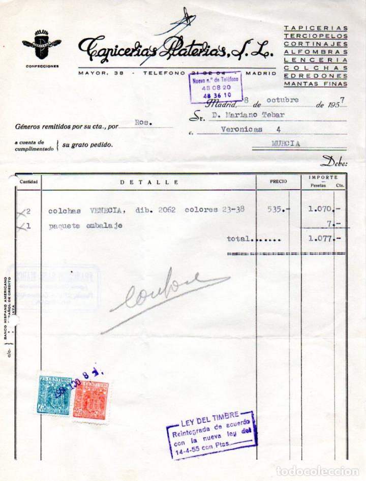 Old Invoices: FACTURA,TAPICERIAS PLATERIAS ,S.L, MADRID, 1957.