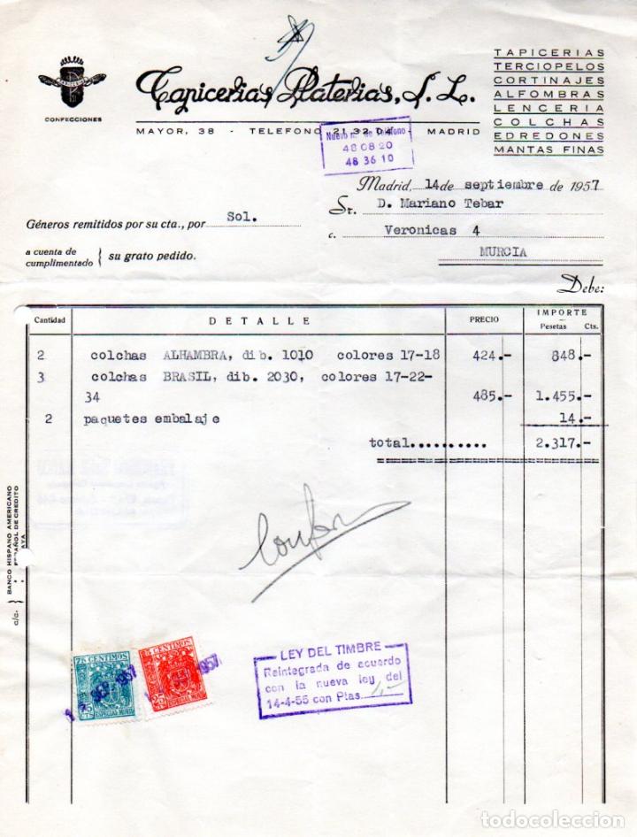 Old Invoices: FACTURA,TAPICERIAS PLATERIAS ,S.L, MADRID, 1957.