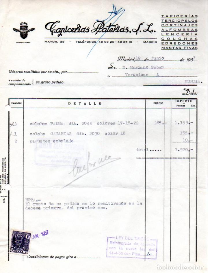 Old Invoices: FACTURA,TAPICERIAS PLATERIAS ,S.L, MADRID, 1957.