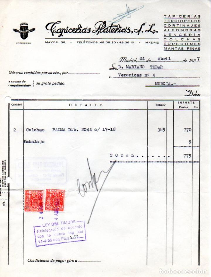 Old Invoices: FACTURA,TAPICERIAS PLATERIAS ,S.L, MADRID, 1957.
